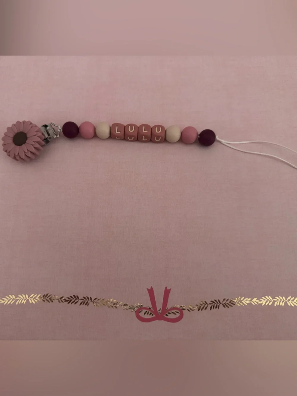 Pink and Mauve Beaded Pacifier Clip Monogrammed “LULU”